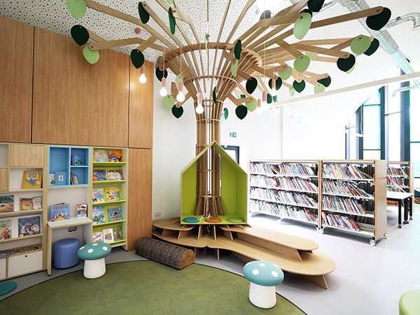 Inside Loftus Library, showing the 'tree' feature in the childrens reading area.