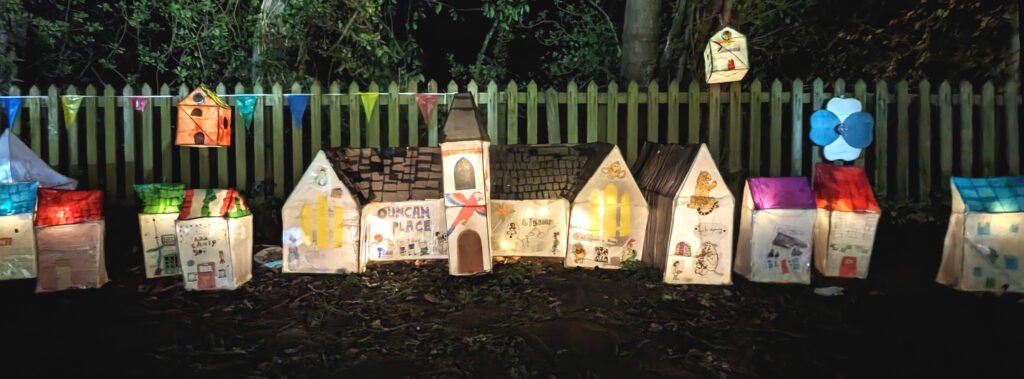 Lanterns of Loftus Library and more, made by artists and local children in Loftus Library workshops, for the Saltburn Valley of Light Festival, March 2024.